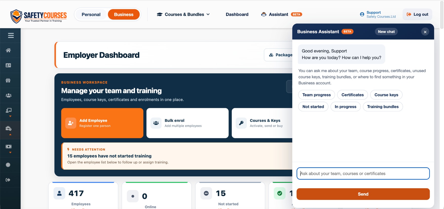 Real Ireland Safety employer dashboard with Business Assistant open