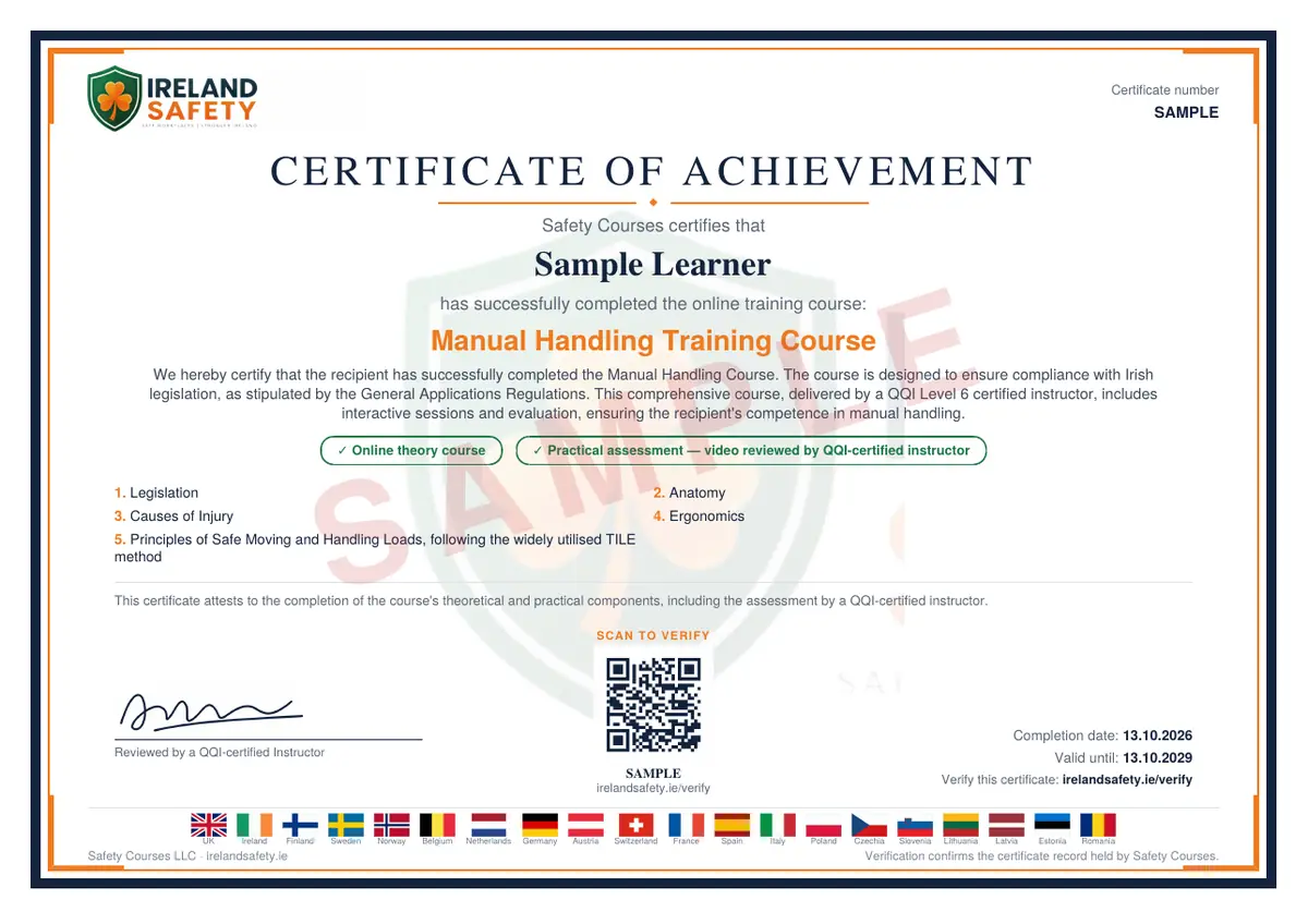 Sample Certificate of Achievement issued on completion, showing the recipient name, the course title, the course curriculum, a validation code, the instructor line and the starting and expiry dates.
