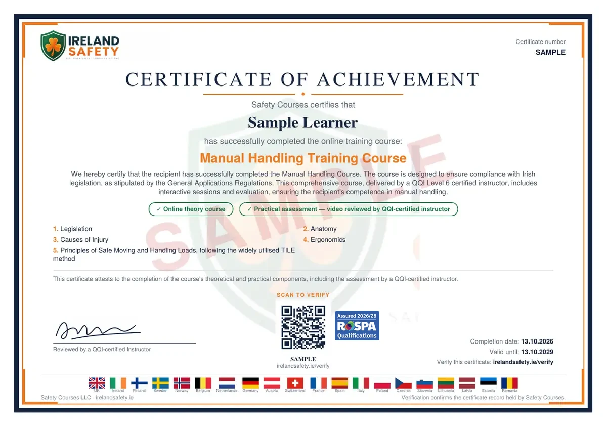 Sample Certificate of Achievement issued on completion, showing the recipient name, the course title, the course curriculum, a validation code, the instructor line and the starting and expiry dates.